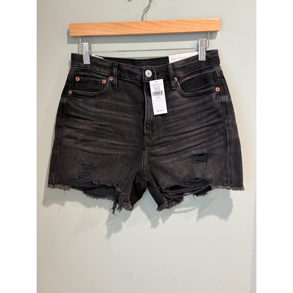 American Eagle 90s Boyfriend Mid-Length Distressed Black Denim Shorts Size 4 27W
